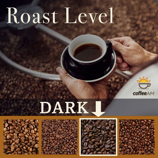 Person holding a cup of coffee with coffee beans and 'Roast Level Dark' text, featuring the Coffee AM brand.
