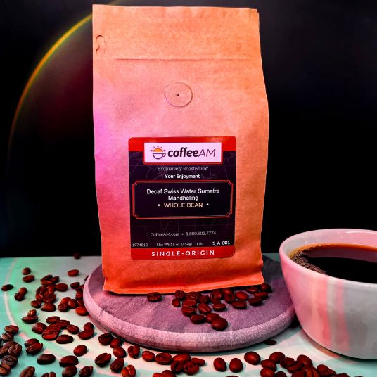Coffee AM bag with coffee beans and a cup on a colorful background