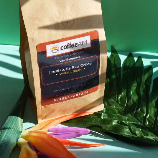 CoffeeAM coffee bag with a plant and flower in the background