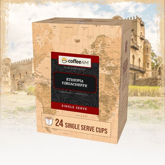 Box of Coffee AM Ethiopia Yirgacheffe single serve coffee cups with a castle in the background