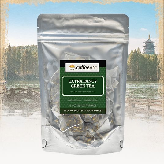 Package of coffeeAM Extra Fancy Green Tea with scenic background
