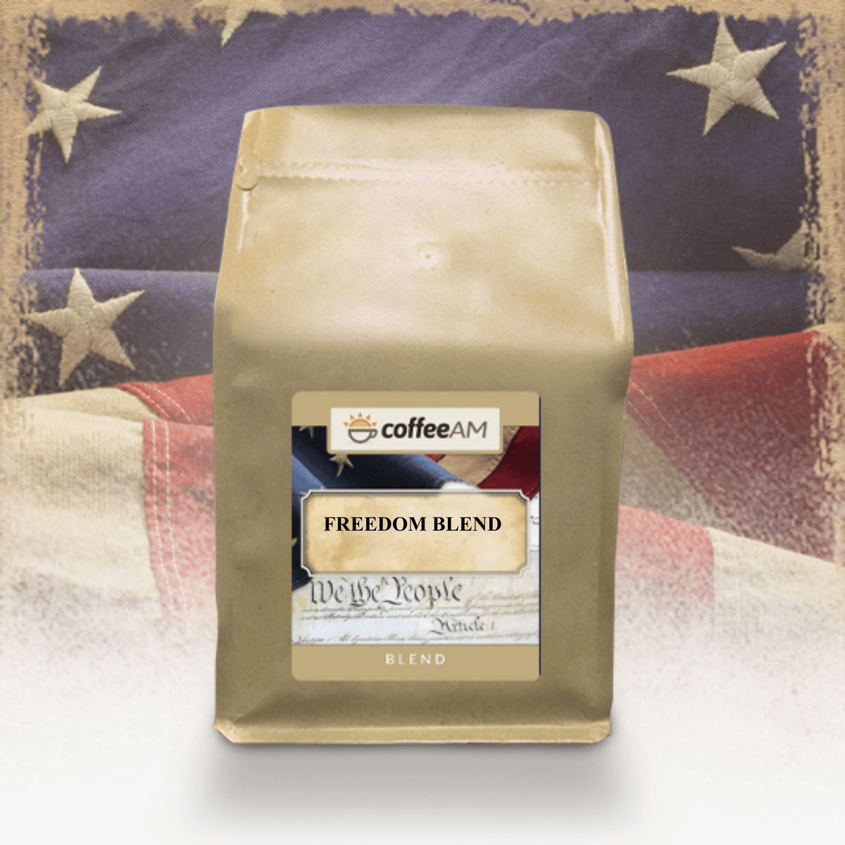 CoffeeAM Freedom Blend coffee bag with American flag background