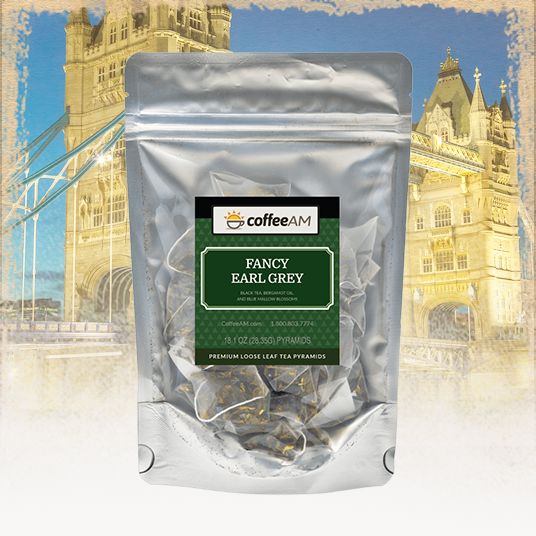 Package of coffeeAM Fancy Earl Grey tea with London skyline in the background