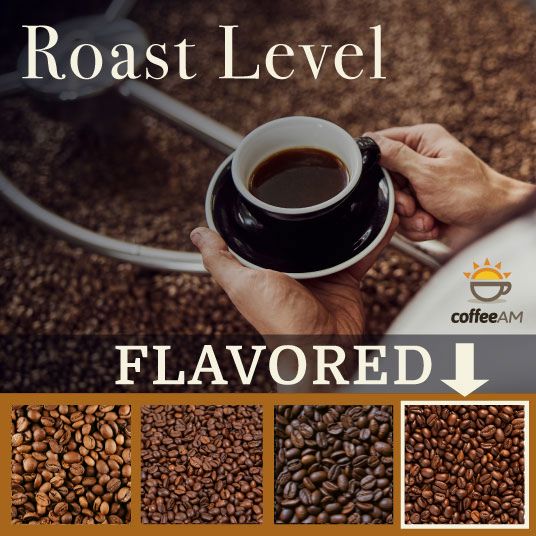 Person holding a cup of coffee with coffee beans and 'Roast Level' text, featuring Coffee AM brand.