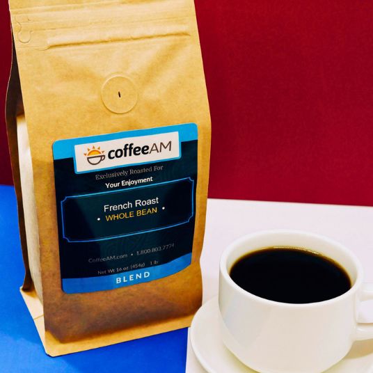 CoffeeAM French Roast coffee package with a cup of coffee on a red and blue background