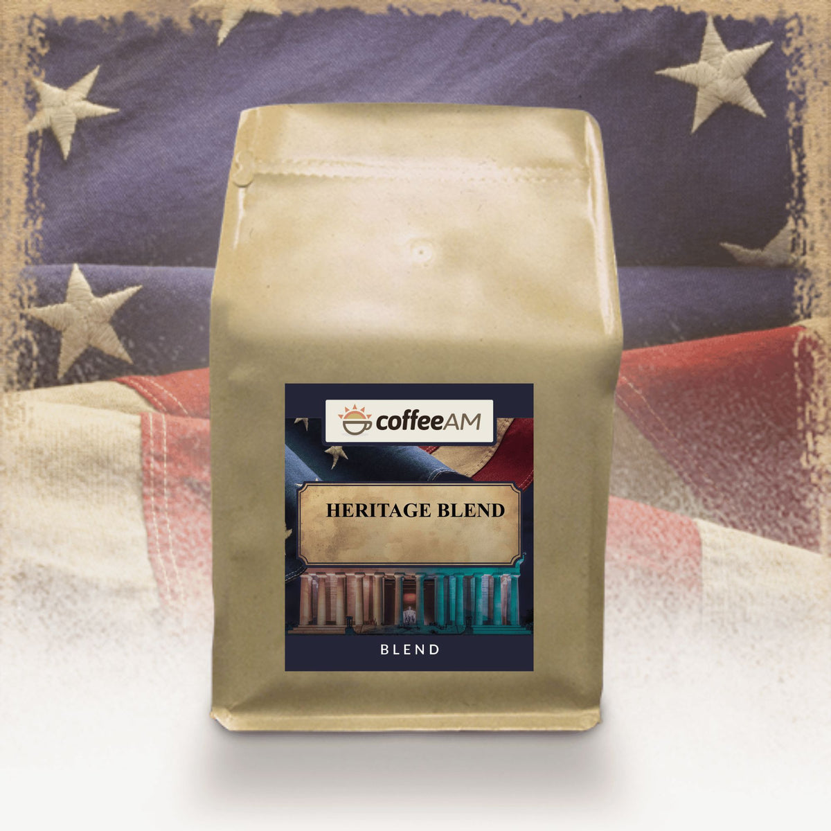 CoffeeAM Heritage Blend bag with American flag background