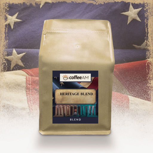 CoffeeAM Heritage Blend bag with American flag background