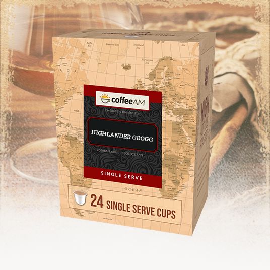 Box of Coffee AM Highlander Grogg single serve cups with a map design on the packaging.