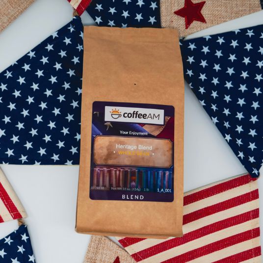 CoffeeAM Heritage Blend package on an American flag background
