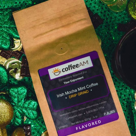CoffeeAM Irish Mocha Mint coffee package on a green glittery background