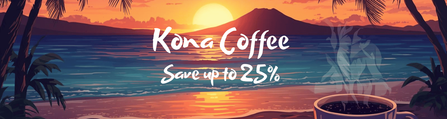 Promotional banner for Kona Coffee with a scenic ocean view and coffee cup.