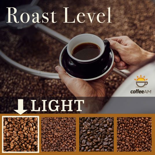 Person holding a cup of coffee with coffee beans and 'Roast Level Light' text, featuring Coffee AM brand.