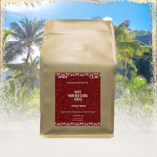 Hawaiian background with a bag of Maui Red Catuai coffee in the foreground.