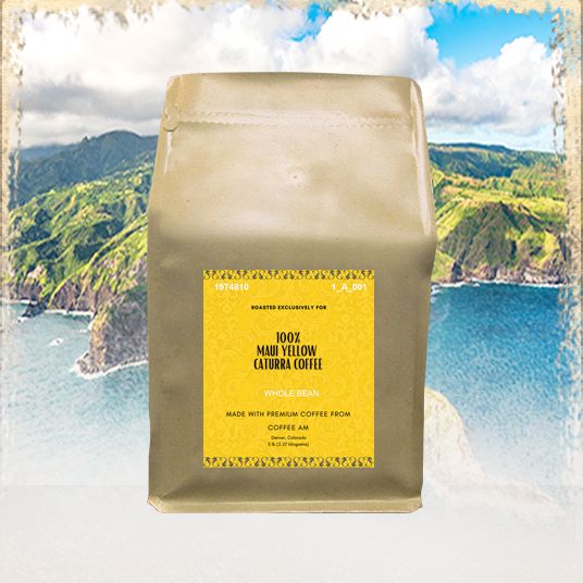 Hawaiian background with a bag of Maui Yellow Caturra coffee in the foreground.