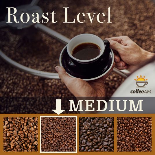 Hand holding a cup of coffee with coffee beans and 'Roast Level Medium' text, featuring Coffee AM logo.
