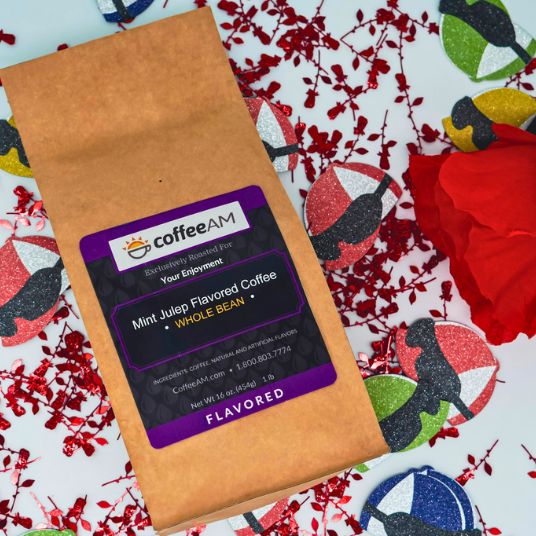 CoffeeAM mint julep flavored coffee package on a colorful background