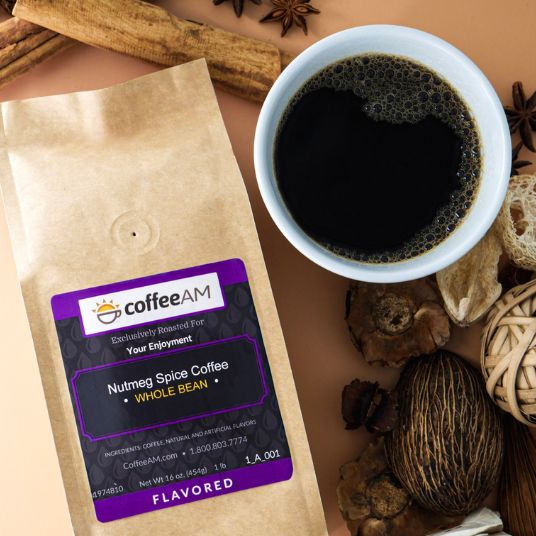 CoffeeAM Nutmeg Spice Coffee package with a cup of coffee and spices on a beige background