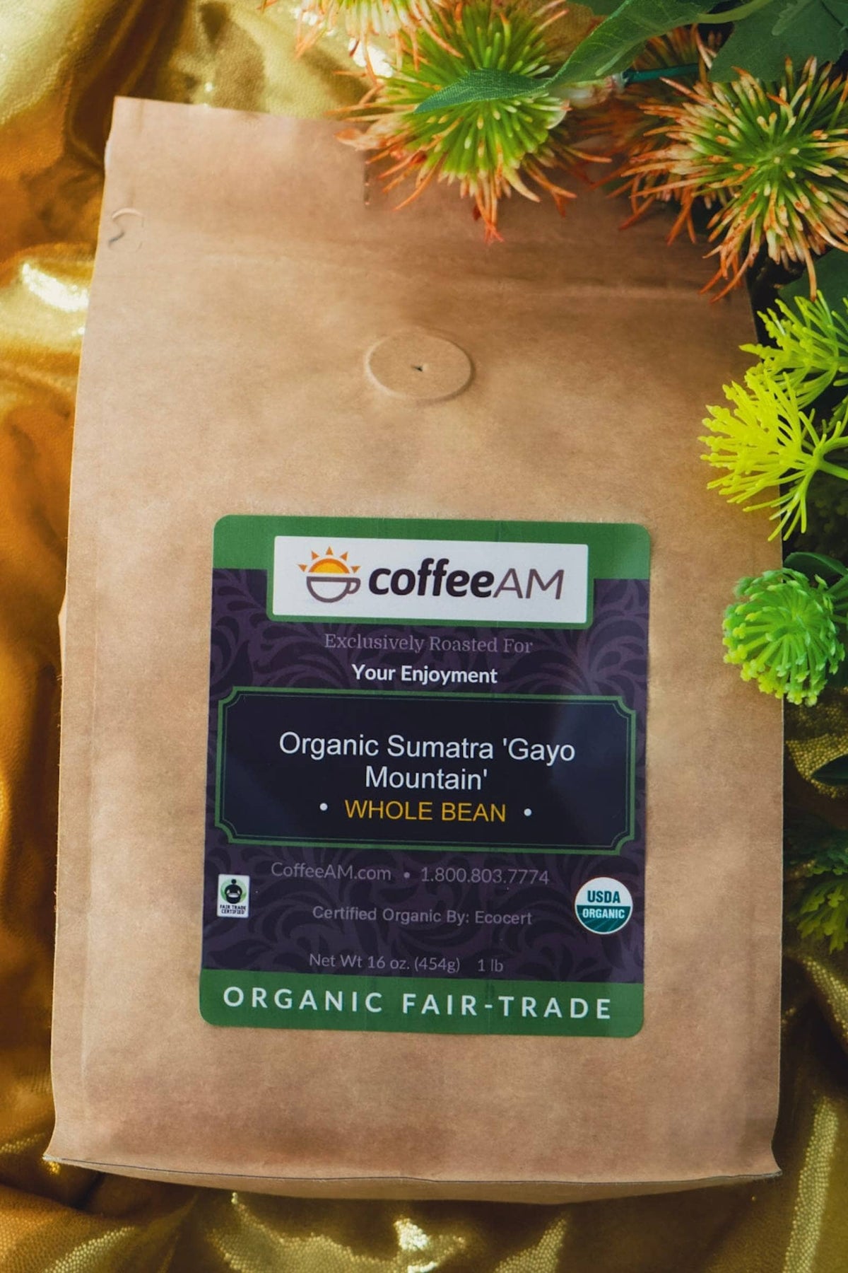 A kraft paper bag of CoffeeAM Organic Sumatra 'Gayo Mountain' Whole Bean coffee, set against a gold fabric background with spiky green foliage accents. The label displays the CoffeeAM logo, USDA Organic seal, and reads 'ORGANIC FAIR-TRADE'.