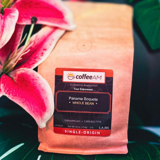 A bag of CoffeeAM Panama Boquete whole bean coffee placed on dark green tropical leaves next to a pink lily flower. The coffee bag is kraft brown with a prominent black and red label.