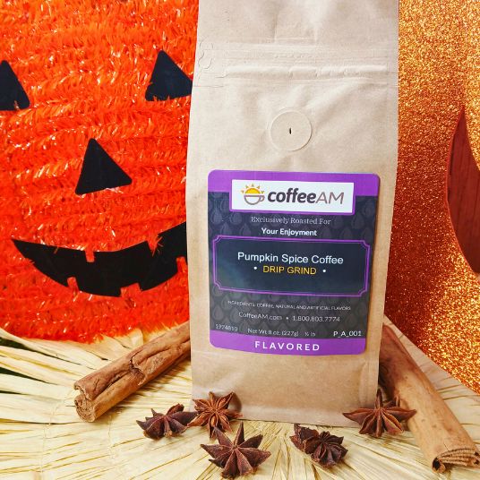 CoffeeAM Pumpkin Spice Coffee package with Halloween-themed background