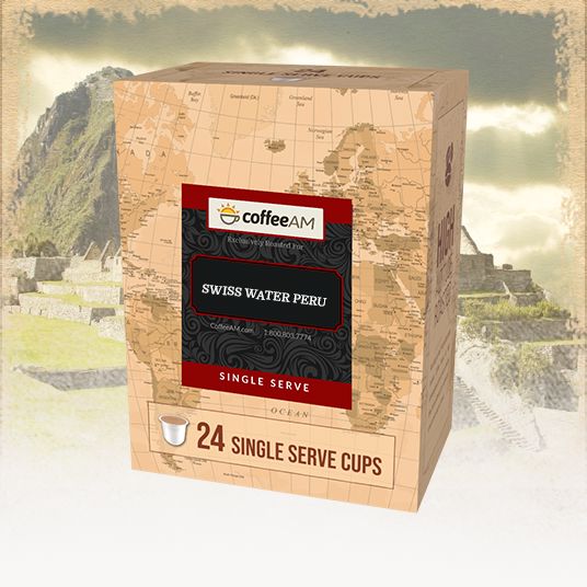 Box of Coffee AM Swiss Water Peru single serve coffee cups with a scenic background