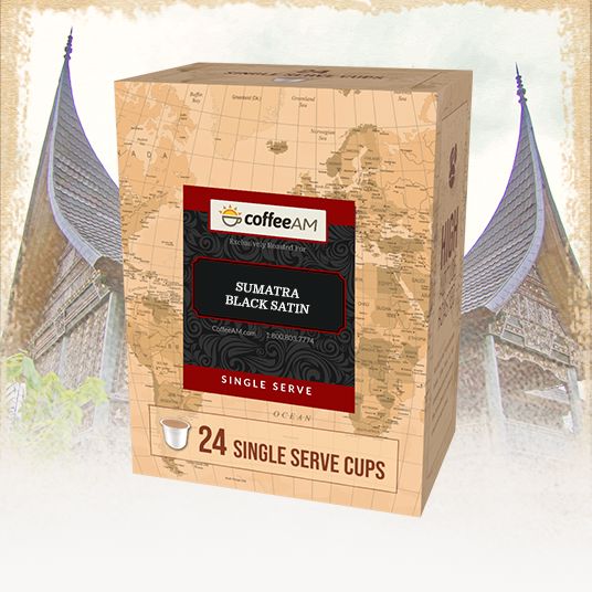 Box of Coffee AM Sumatra Black Satin single serve coffee cups with architectural background