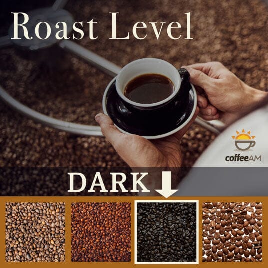 Hand holding a cup of coffee with coffee beans and 'Roast Level Dark' text, featuring Coffee AM brand.