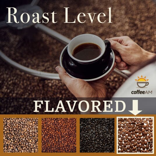 Person holding a cup of coffee with coffee beans and 'Roast Level' text, featuring Coffee AM brand.