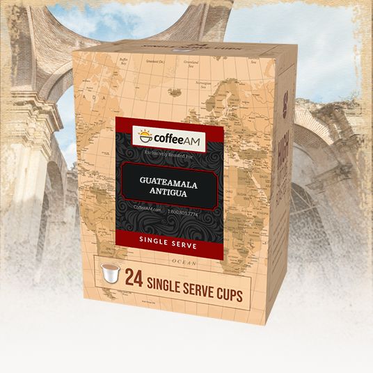 Box of Coffee AM Guatemalan Antigua single serve cups with a map background