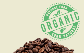 coffeeAM image  small pile of beans next to an emblem that reads 'organic' in green text  
