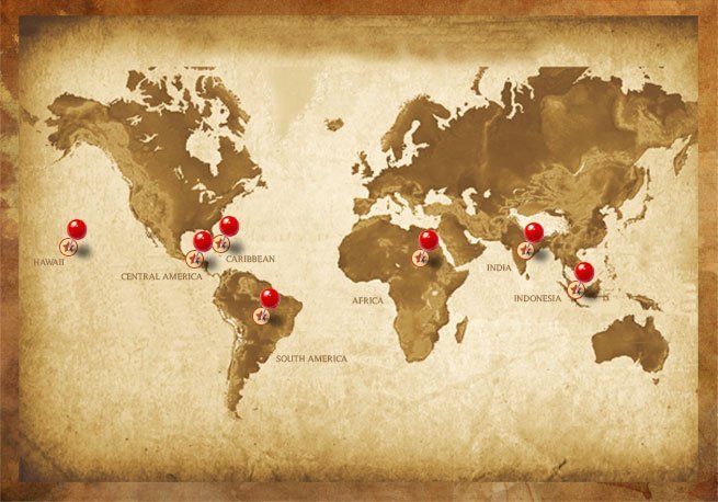 A world map with red dots pointing to various countries map of world, coffee am image: 